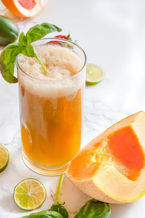 Cantaloupe Basil Agua Fresca is a refreshing summer beverage of blended cantaloupe, water, lime, and basil. Perfect for Cinco de Mayo and summertime festivities! Cantaloupe Agua Fresca Recipe, Cantaloupe Water, Popular Summer Drinks, Shrimp Pasta Recipes Easy, Agua Fresca Recipe, Melon Recipes, Basil Recipes, Summer Drink Recipes, Refreshing Summer Drinks