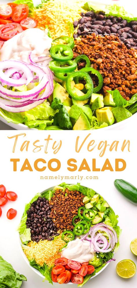 This vegan taco salad will be your favorite summer salad! Taco-infused veggie crumbles and all the right toppings over crispy lettuce greens—the perfect alternative to traditional tacos! 

#vegantacosalad #vegansalad #vegan #namelymarly Vegan Taco Salad Recipe, Traditional Tacos, Vegetarian Taco Salad, Salad Taco, Vegan Taco Salad, Taco Salad Recipe, Creamy Soup Recipes, Vegan Taco, Veggie Tacos