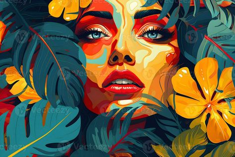 abstract background woman face pop art style flowers patterns illustrations background, AI generate Women With Flowers Drawing, Colorful Abstract Art Backgrounds, Pop Art Mural, Pop Art Face, Portraits Pop Art, Flower Mural, Afrique Art, Pop Art Girl, Silhouette Painting