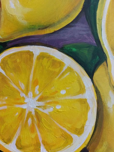 Lemon Acrylic Paintings, Lemon Painting Acrylic Easy, Lemon Reference, Tuscan Painting, Lobster Painting, Lemons Painting, Paint Fruit, Painting For Kitchen, Fruits Painting