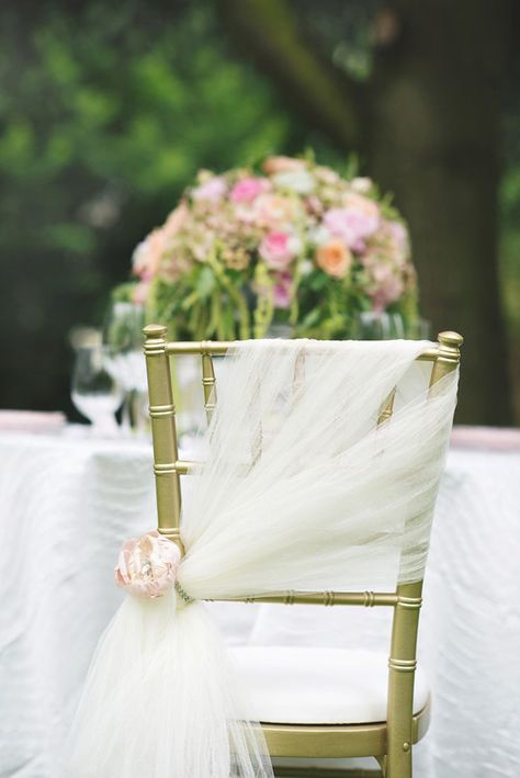 simple and beautiful tulle decorated wedding chair ideas Wedding Reception Chairs, Gold Wedding Reception, Reception Bride, Wedding Chair Decorations, Chair Covers Wedding, Reception Chair, Mod Wedding, Wedding Chairs, Chair Decorations