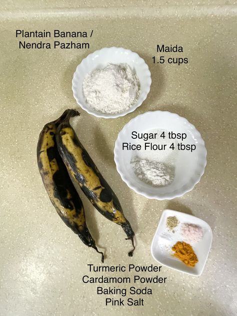 Ingredients - Plantain Banana (Nendra Pazham), Maida (1.5 cup), Rice Flour (4 tbsp), Sugar (4 tbsp), Turmeric Powder, Cardamom, Baking Soda, Oil, Water,Pink Salt. Method - 1. Peel overripe banana skin- slice vertically 2. In a bowl combine maida,roasted rice flour, sugar,turmeric,cardamom powder,bakg soda, salt - mix 3. Add water- whisk batter without any lumps -thick consistency 4. Heat oil in a kadai-dip slices & coat batter-gently drop in oil 5. Fry on both sides till golden colour. Done! Cardamom Baking, Pazham Pori, Plantain Fritters, Fritters Recipe, Overripe Bananas, Golden Colour, Fritter Recipes, Turmeric Powder, Cardamom Powder