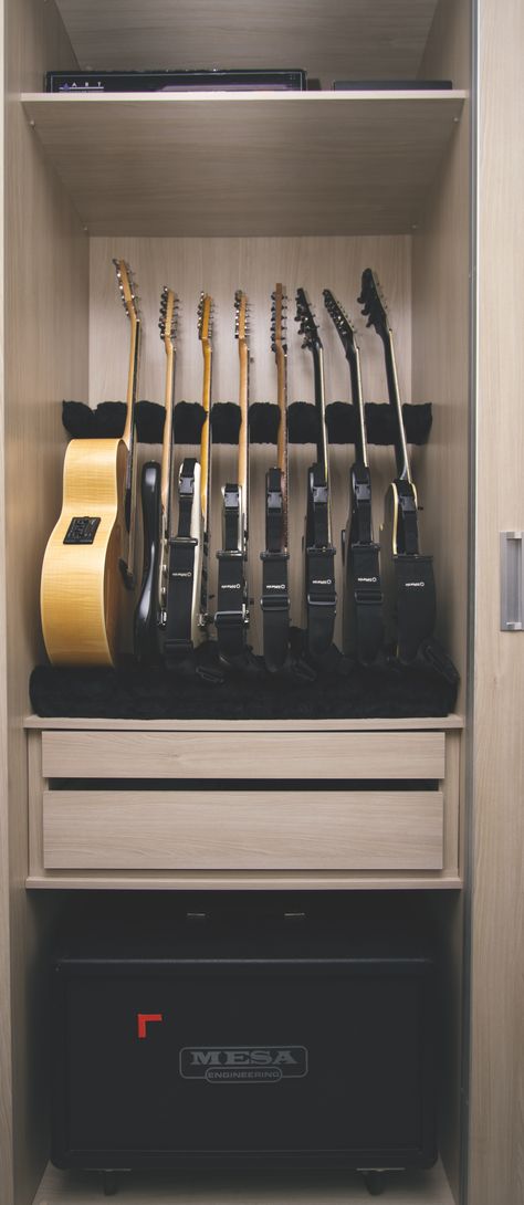 Home Music Room Storage, Guitar Closet Storage, Guitar Wall Storage, How To Store Guitars, Guitar Display Cabinet, Music Equipment Storage, Guitar Cupboard, Guitar Storage Ideas, Guitar Wardrobe