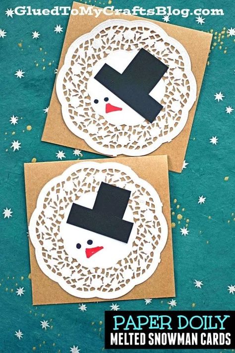 DIY Paper Doily Melted Snowman Card - Glued To My Crafts Doily Christmas Tree, Tree Art Project, Snowman Crafts Preschool, Paper Doily Crafts, Doily Art, Melted Snowman, Doilies Crafts, Snowman Cards, Christmas Tree Art