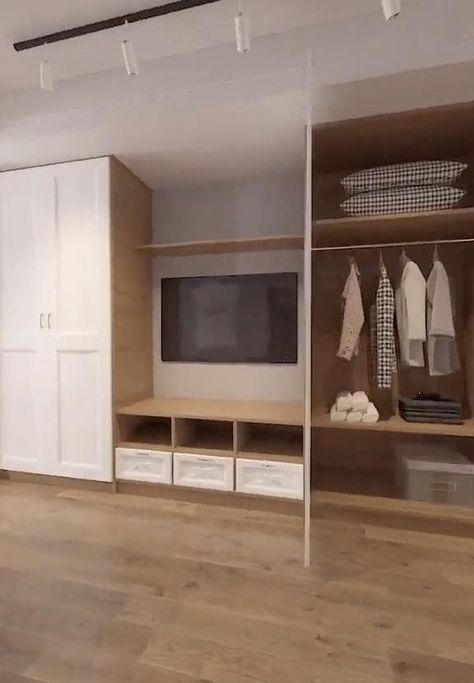 Master Room Closet Ideas Built Ins, Closet Living Room Ideas, Modern Wall Closet Design, Built In Closet Wall Bedroom With Tv, Wardrobe Wall With Tv, Closet Living Room Wall, Bedroom Closets Design, Bedroom Furniture Ideas For Small Rooms, Closet And Tv Wall