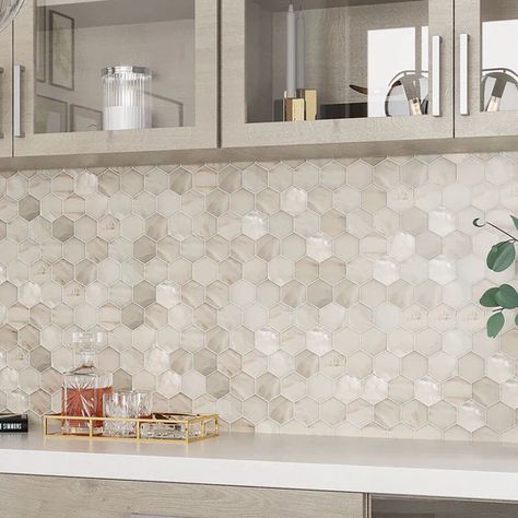 Modern Light Kitchen Backsplash, Mosaic Backsplash With White Cabinets, White Countertops Grey Backsplash, Printed Tile Backsplash Kitchen, Wood Looking Backsplash Kitchen, Opal Tile Backsplash, Hexagon Marble Backsplash, Diamond Shape Backsplash Kitchen, Oyster Backsplash Kitchen