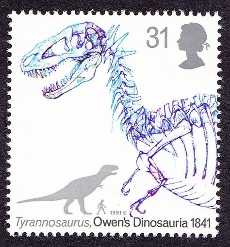 Tyranosaurus | Flickr - Photo Sharing! Dinosaur Stamps, Uk Stamps, Postage Stamp Collecting, Stamp Catalogue, Postage Stamp Art, Paleo Art, Kingdom Of Great Britain, Extinct Animals, Letter Stamps