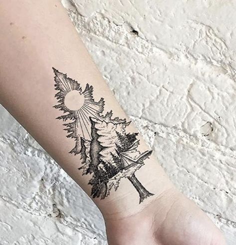 Adventure Tattoos For Couples, Men’s Outdoors Tattoo, Mountains Beach Tattoo, Wildflower Mountain Tattoo, Washington State Tattoo Ideas, Creek Tattoo Ideas, Colorado Inspired Tattoos, Hills And Valleys Tattoo, National Park Tattoos