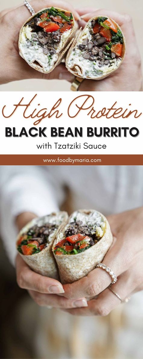 This High Protein Black Bean Burrito with Tzatziki Sauce is a unique breakfast option! Of course, you can make it for lunch or dinner, too. These breakfast burritos are entirely customizable, full of protein, and absolutely delicious. These burritos are perfect if you’re looking for a vegetarian breakfast option and you’re craving eggs! High Protein Bean Burrito, Protein Breakfast Burrito, High Protein Breakfast Burrito, Breakfast Savory, Breakfast Burrito Recipe, Unique Breakfast, Vegetarian Burrito, Black Bean Burrito, Bean Burrito