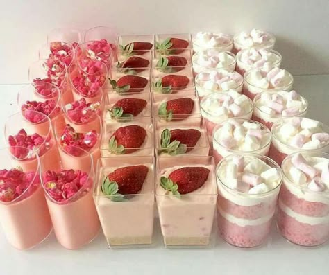 Coquette Desserts, Sweets Table Ideas, Pink Dessert Tables, Tårta Design, Mini Dessert Cups, Pink Desserts, Strawberry Birthday, Shower Desserts, Pink Strawberry