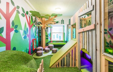 Woodland themed playroom featuring an infinity light, log stools, artificial grass and woodland artwork on the walls and windows. Theme Playroom, Woodland Playroom, Church Nursery Decor, Loft Playroom, Log Stools, Boys Playroom, Photography Settings, Soft Play Equipment, Church Nursery