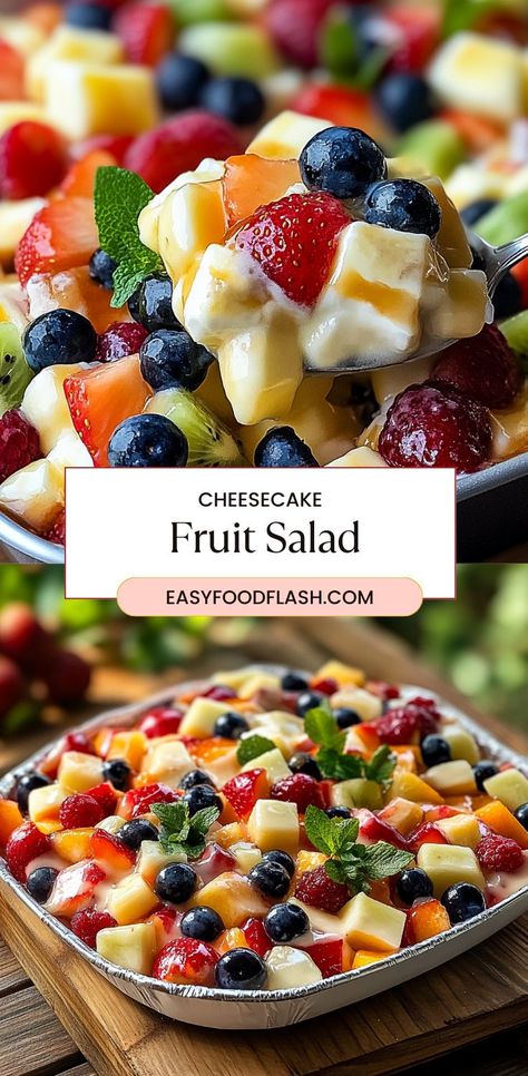 This Cheesecake Fruit Salad combines fresh, juicy fruits with a creamy cheesecake filling and a sweet caramel drizzle. Perfect for gatherings, BBQs, or as a refreshing and delicious dessert. Its vibrant colors and sweet, creamy texture will be a hit with everyone! Fruit Salad With Bananas, Amazing Fruit Salad, Fruit Salad Glaze Recipe, Fruit Based Desserts, Fruit Salad Cheesecake, Best Fruit Salad Recipe, Cream Cheese Fruit Salad, Creamy Fruit Salad Recipe, Fresh Fruit Salad Recipe