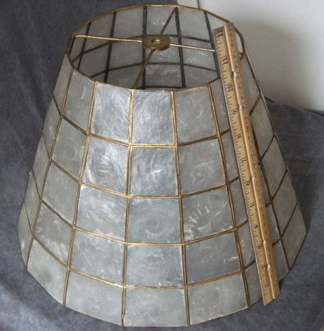 Vintage Capiz Shell lampshade Capiz Shell Lamp, Enclosed Patio Ideas, Shell Lampshade, Gold Lamp Shades, Hollywood Regency Lamp, Shell Lamp, Metal Lamp Shade, Brass Trim, Bamboo Shades