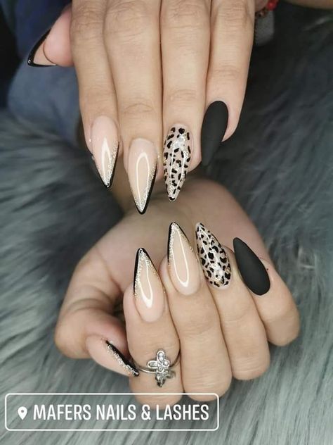 New Years Nails Matte Black And Gold, Funky French Tip Nails Almond, Animal Print Almond Nails, Leopard Almond Nails, Elegant Touch Nails, Easter Nail, Art Designs Ideas, Gold Nail Art, Leopard Print Nails