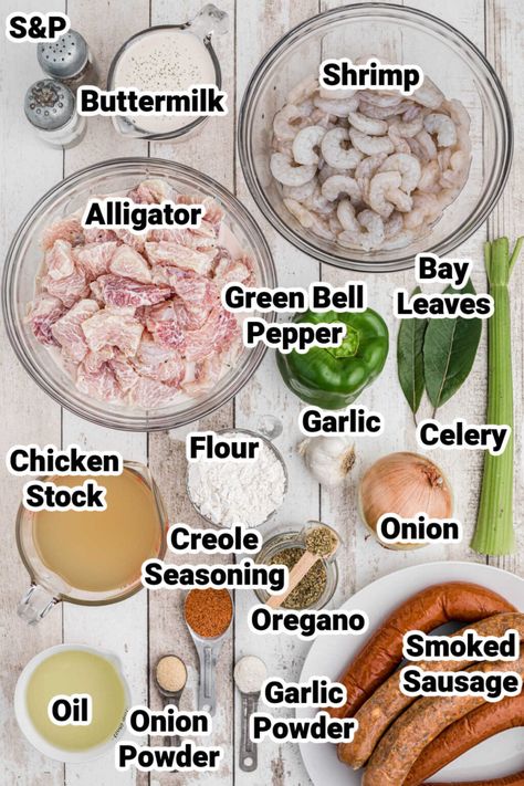 ingredients laid out for an alligator gumbo Cajun Alligator Recipes, Alligator Soup Recipe, Alligator Recipes Louisiana, Gator Meat Recipes, Alligator Gumbo Recipe, Gator Gumbo Recipe, Alligator Soup, Alligator Recipes, Gumbo Recipe Crockpot