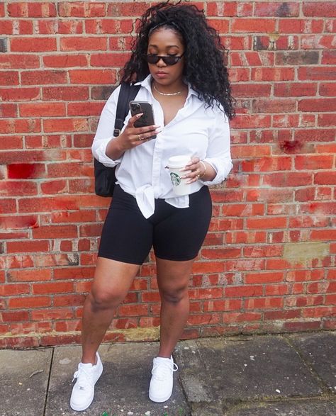 Coffee run OOTD White Air Force Ones Outfit Black Woman, Biker Shorts And Sneakers Outfit, Biker Short Romper Outfit, Plus Size Biker Shorts Outfit Summer, White Biker Shorts Outfit, Biker Shorts Outfit Black Women, Shorts And Sneakers Outfit, Plus Size Biker Shorts Outfit, Romper And Sneakers