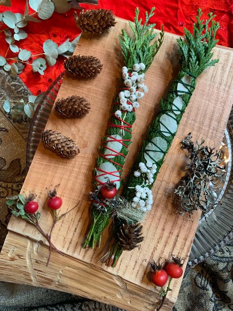 Yule Wands, Yule Decorations Winter Solstice, Christmas Wands, Altar Blessing, Cedar Greenery, Pearly Everlasting, Smudge Bundles, Yule Crafts, Woodland Winter