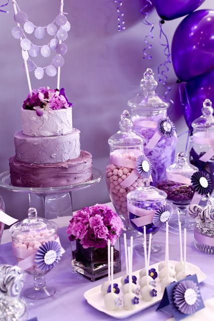 Purple Themed Party.... I hate purple but my mom would love this! Purple Dessert Tables, Purple Desserts, Lila Party, Purple Birthday Party, Gorgeous Birthday, Party Dessert Table, Purple Birthday, Purple Party, Purple Themes