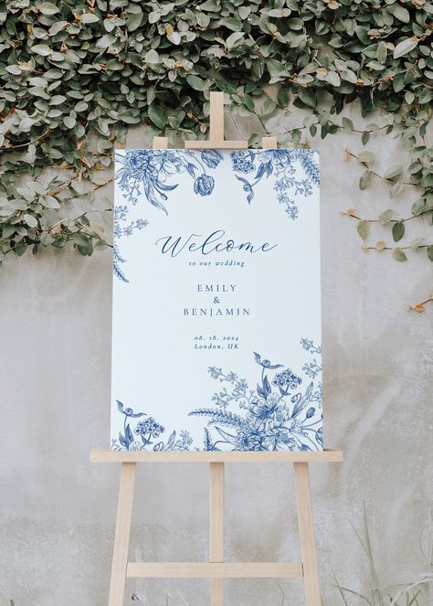 This sign is a beautiful decor piece for your wedding ceremony and will add a perfect touch to your special day. These modern wedding welcome signs come personalized with your names and wedding date. Material: 3/16" thick white foam board with the design printed in black.  Available sizes 24x36 20x30 18x24 12x18 EASEL ADD-ON: Our heavy-duty solid wood easel is perfect for displaying your wedding sign. Adjustable shelf height to fit a variety of sizes. Easy no-tool 5-minute assembly. The easel is Blue Wildflower Wedding, Chinoiserie Wedding, Wedding Poster, Personalized Wedding Sign, Wedding Posters, Coastal Wedding, Wedding Welcome Sign, Welcome To Our Wedding, Wildflower Wedding