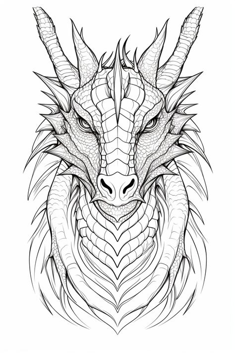 This dragon coloring pages come in a set of 5 printable pages. Print on 8x11, shrink to fit will not fill the page fully on the top and bottom.  Coloring pages are to be downloaded and printed. Dragon Outline Drawing, Colouring Pages For Adults Printable Free, Dragon Colouring Pages, Dragon Coloring Pages Free Printable, Dragon Faces, Cool Dragon Drawings, Dragon Head Drawing, Dragon Outline, Dragons Drawing