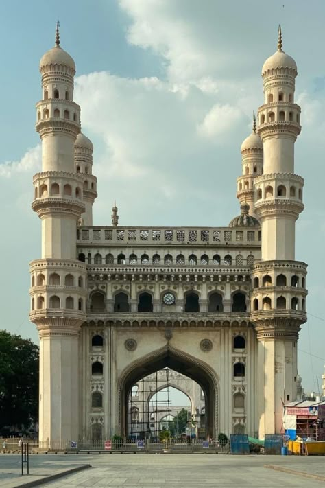 Charminar monument consists of four minarets, which give it its name Char Minar or Charminar means "four minarets", built in 1591 😇 😍 Char Minar, Monument In India, Disco Background, 1 Day Trip, Graphic Design Posters Layout, Simple Building, Ancient History Facts, Birthday Captions Instagram, Easy Love Drawings