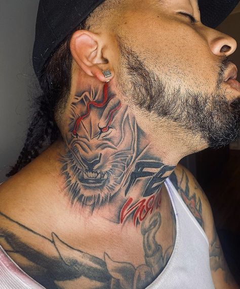 Front Neck Tattoos For Men Black, Sideburn Tattoos Men, Men With Neck Tattoos, Ape Tattoos For Men, Big Neck Tattoo, Side Neck Tattoo For Guys Ideas, Side Of Head Tattoo Men, Middle Neck Tattoo Men, Tattoos For Black Guys