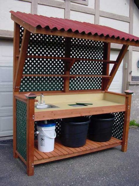 Potting Bench - Woodworking | Blog | Videos | Plans | How To Potting Bench With Sink, Potting Bench Ideas, Diy Potting Bench, Potting Bench Plans, Outdoor Kitchen Sink, Outdoor Potting Bench, Potting Benches, Garden Sink, Potting Tables