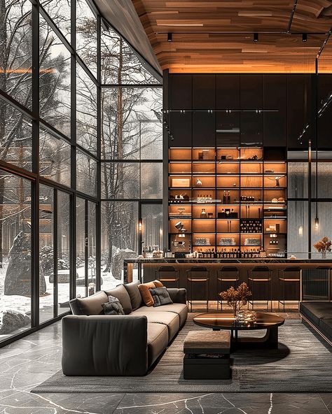 Snowy Haven Café by Maedeh Hemati @mah_design_architecture. 🔗 https://www.amazingarchitecture.com/visualization/snowy-haven-cafe-by-maedeh-hemati Maedeh Hemati: Indulge in the serene charm of this coffee shop, designed in the distinctive style of Philip Johnson architecture. The gray wood and glass facade, captured in a mesmerizing close-up shot, invites you into a world of warmth and elegance. Nestled amidst an outdoor snowy forest, the natural light filters through the glass panels, creat... Luxury Coffee Bar, Coffee Shop Design Interior, Philip Johnson Architecture, Rooms Hotel, Glass Facade, Coffee Shop Interior Design, Philip Johnson, Light Filters, Lobby Interior