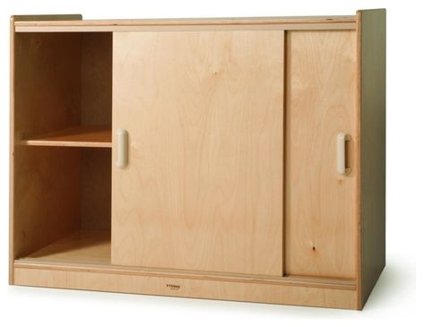 Sliding Doors Storage Cabinet - Transitional - Storage Cabinets - by BisonOffice | Houzz Toy Storage Cabinet With Doors, Sliding Door Bookcase, Wooden Shelf Unit, Sliding Cupboard, Classroom Items, Sliding Cabinet Doors, Diy Toy Storage, Sliding Wall, Classroom Materials