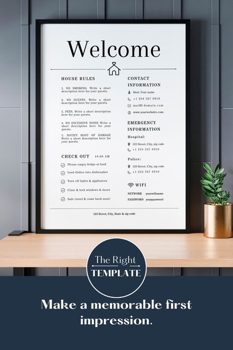 All the essential information in one place. Information Board Ideas, House Rules Poster, Airbnb Templates, Airbnb Signs, Host Tips, Airbnb Sign, Airbnb Tips, Vrbo Host, Airbnb Welcome Sign