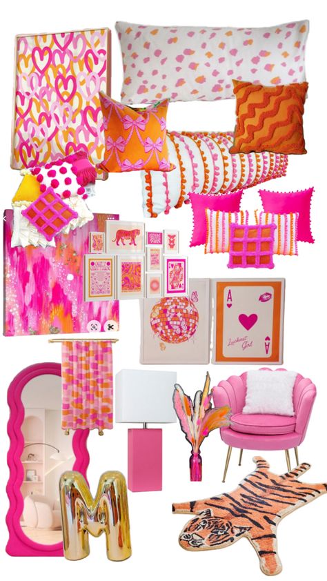 Pink And Orange Desk Decor, Hot Pink And Orange Aesthetic Room, Colorful Rooms Ideas, Peach Fuzz Bedroom, Room Ideas Pink And Orange, Pink And Orange Room Decor, Orange And Pink Bedroom, Preppy Pink Bedroom, Pink And Orange Room