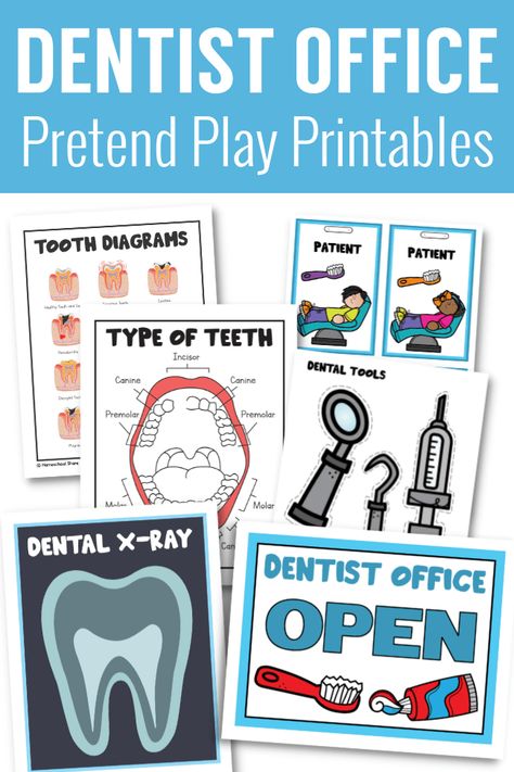 Dentist Centers Preschool, Dental Office Dramatic Play, Dental Health Preschool Dramatic Play, Dentist Office Dramatic Play Preschool, Dramatic Play Dentist Office, Doctors Office Dramatic Play Preschool Free Printables, Doctor Office Pretend Play, Community Helpers Pretend Play, Dental Dramatic Play Preschool