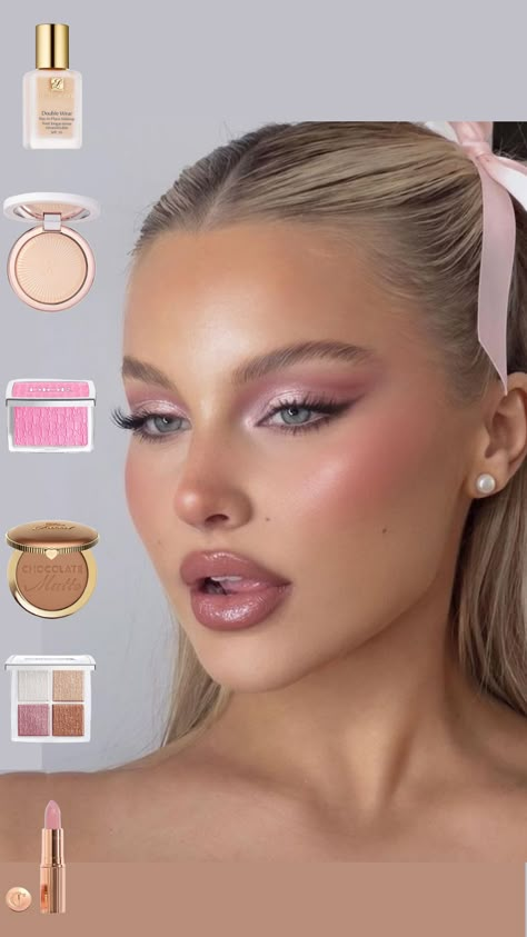 ✨ Clean Girl Makeup Inspo ✨  Beautiful glowy makeup, natural tones, and chic minimalism. Perfect pink & girly look for any occasion! 💕  #CleanGirlAesthetic #GlowySkin #Pink #Aesthetic Glowy Pink Makeup Dewy Skin, Simple Pink Makeup Looks Natural, Pink Light Makeup, Glowy Pink Makeup, Subtle Pink Makeup, Pink Natural Makeup, Blush Makeup Looks, Maquillaje Glowy, Girl Makeup Aesthetic