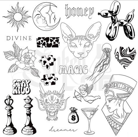 Patch Work Tattoo Flash Sheet, Feral Tattoo, Edgy Tattoo Designs, Flash Tattoo Sleeve, Butterfly Tattoos Images, Small Girly Tattoos, Sharpie Tattoos, Tattoo Outline Drawing, Clever Tattoos