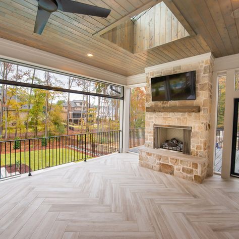 Lake Screened In Porch, Rustic Cabin Screened Porch, Outdoor Fireplace Ideas Covered Decks Screened In Porch, Screened In Porch With Skylight, Grill On Screened In Porch, Tiled Screened In Porch, Screened In Back Porch With Fireplace, Raised Screened In Porch, Screen Porch Flooring Ideas