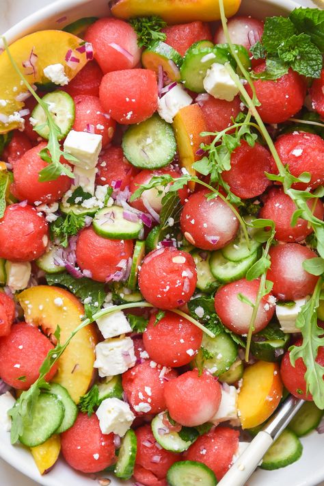 Watermelon Feta Salad with Peaches | Nourish Deliciously Salad With Peaches, Feta Cucumber, Creamy Feta, Watermelon Feta Salad, Healthy Family Recipes, Simple Vinaigrette, Weekly Meal Planning, Watermelon And Feta, Peach Salad