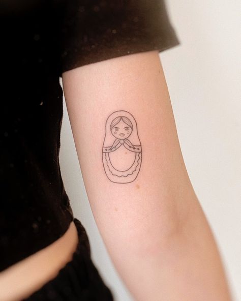 Babushka Tattoo Small, Russian Matryoshka Doll Tattoo, Polish Nesting Doll Tattoo, Babooshka Tattoo, Russian Doll Tattoo Small, Russian Tattoo Traditional, Babushka Aesthetic, Pierogi Tattoo, Russian Tattoo Ideas