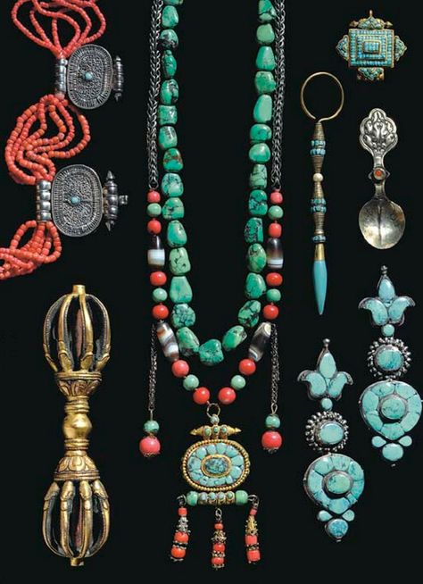 Tibet | An assortment of jewellery and ritual objects; the lot included: silver Gau boxes inlaid with turquoise; the earrings set with green and blue turquoise; ceremonial spoons in silver with stones; a turquoise pendant; 2 strands of rare tibetan turquoise beads one complete with gau box; a bracelet strung with dzi beads, coral and turquoise; two tinder pouches; a fine multi strand coral necklace with 5 silver filigree pendants Collar Hippie, Vintage Jewelry Diy, Tibetan Jewelry, Jewelry Quotes, Filigree Pendant, Ancient Jewelry, Jewelry Organizer, Ethnic Jewelry, Tibet