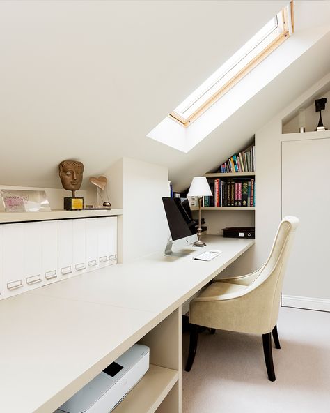 Work from home might sound attractive, but it can be not easy and productive if you do not have proper space. Many professionals who work from home consider converting their loft into a private home office where, without being distracted, they can focus on their work #loft #home #luxury Loft Conversion Study, Desk Under Eaves, Attic Desk Sloped Ceiling, Loft Study Room, Loft Study Room Ideas, Loft Study Area, Attic Study Room, Small Loft Office, Attic Office Space