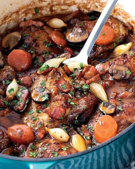 This Coq au Vin is my take on the classic French stew. Tender chicken braised in a burgundy wine sauce with bacon, mushrooms, and pearl onions. #coqauvin #recipe #stew #chicken French Stew, Coq Au Vin Recipe, Chicken Stock Recipe, Stew Chicken, Boiled Chicken Breast, Recipe Using Chicken, Classic French Dishes, Pearl Onions, French Dishes