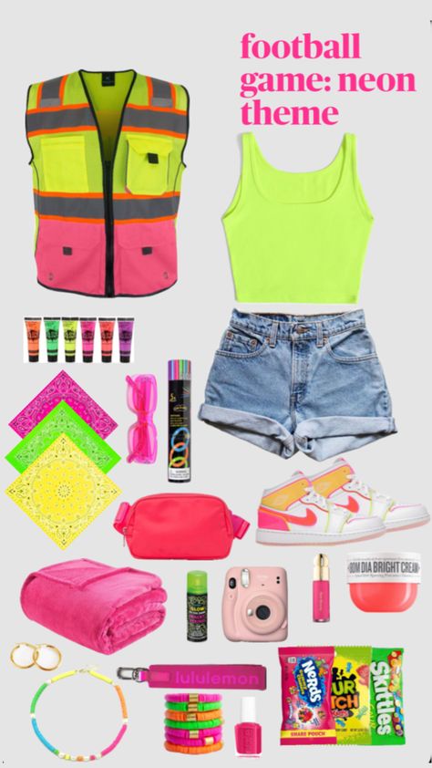 #fridaynightlights #neon #footballgametheme Neon Night Football Theme, Neon Spirit Day Outfit School, Neon Outfit Ideas For Football Games, Football Game Neon Theme, Neon Cheer Theme, Neon Fnl Theme, Neon Football Game Outfit, Neon Pep Rally Outfit, Neon Night Outfit Football