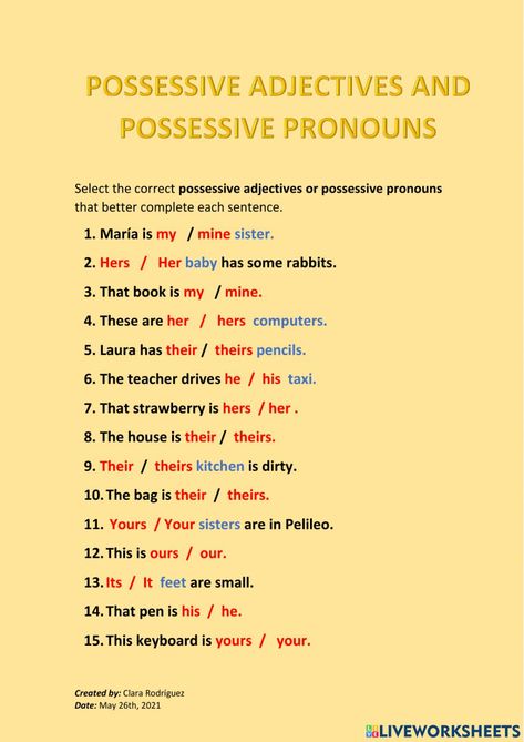 Possessive adjectives and pronouns interactive activity for FOURTH. You can do the exercises online or download the worksheet as pdf. Adjective Pronouns Worksheet, Subject Pronouns And Possessive Adjectives, Posessive Pronouns, Possessive Adjectives Worksheets, Possessive Pronouns Activities, Possessive Pronouns Worksheet, Possessive Adjectives And Pronouns, Pronouns Exercises, Adjectives Grammar