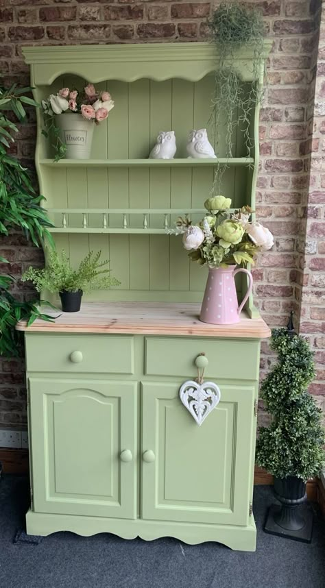 Cottage Kitchen Dresser, French Dresser Kitchen, Colourful Cottage Interior, Colorful Cottage Interiors, Cottagecore Furniture, Shabby Chic Green, Dresser Styling, Pastel Cottage, Country Cottage Farmhouse