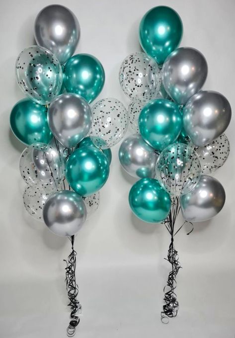 Teal Balloon Bouquet, Teal And White Party Decorations, Teal And Silver Birthday Decorations, Black And Teal Party Decorations, Turquoise And Silver Party Decorations, Teal Balloon Decorations, Teal White And Silver Party Decorations, Teal And Silver Birthday Party Ideas, Teal Black And Silver Party Decorations