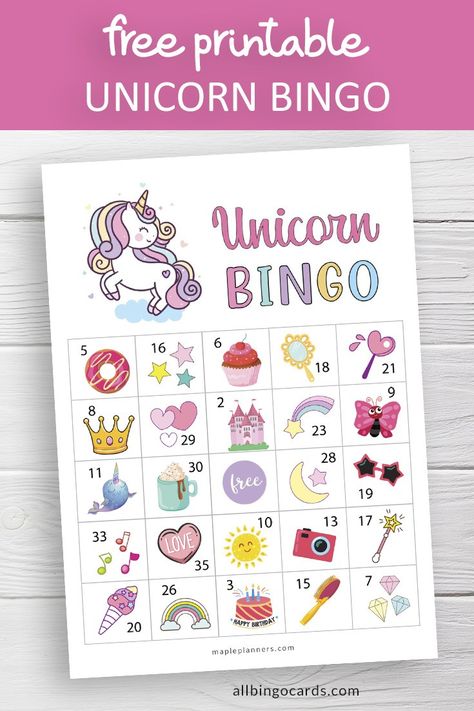 Free Printable Unicorn Bingo Game Cards Fairy Tale Bingo Free Printable, Unicorn Games Free Printable, Unicorn Bingo Free Printable, Unicorn Party Games Activities, Unicorn Party Games For Kids, Birthday Bingo Free Printable, Unicorn Birthday Party Activities, Unicorn Scavenger Hunt, Unicorn Party Games