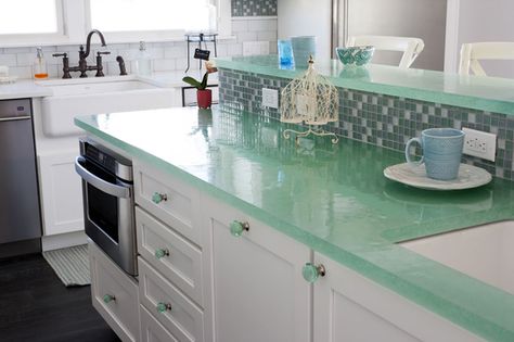 recycled translucent glass counters | OUTinDesign Kitchen Tile Countertops, Tile Countertops Diy, Tile Countertops Kitchen, Small White Kitchens, Farmhouse Backsplash, Glass Countertops, House Of Turquoise, Herringbone Backsplash, Diy Backsplash