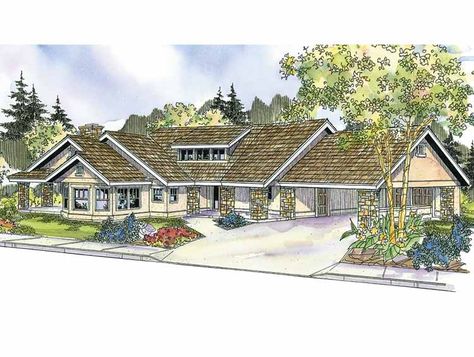 Mediterranean-Modern House Plan with 3021 Square Feet and 2 Bedrooms from Dream Home Source | House Plan Code DHSW66737 Florida Style Homes, Transom Window, Craftsman Cottage, Monster House Plans, Ranch House Plan, Ranch Style House Plans, Craftsman Style House Plans, Craftsman House Plan, Ranch Style Homes