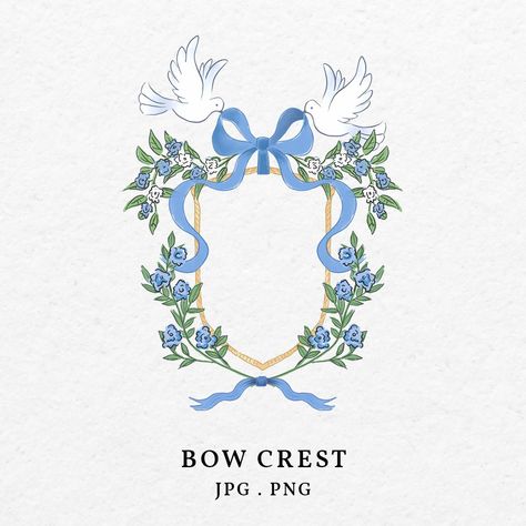 Regency Graphic Design, Crest Outline, Illustrated Frame, Crest Illustration, Bow Invitation, Elegant Illustration, Wedding Birds, Invitation Layout, Crest Monogram