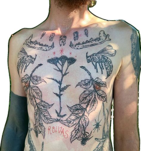 Patchwork Chest Tattoo, Tattoo Chest Piece, American Traditional Tattoo Ideas, Traditional Tattoo Ideas, Tattoo Chest, Magic Runes, Sick Tattoo, Nature Tattoo, Tattoo People