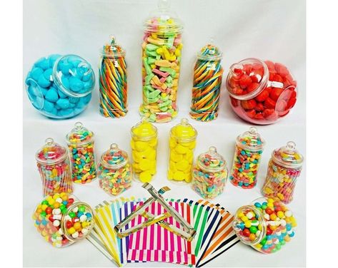 Small Candy Table Ideas, Candy Table Ideas Birthday, Rainbow Candy Table, Diy Candy Table, Rainbow Candy Buffet, Retro Sweet Shop, Plastic Candy Jars, Candy Buffet Jars, Sweet Cart